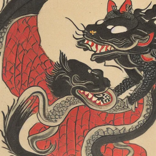 Prompt: samurai cat, riding a dragon, edo style art