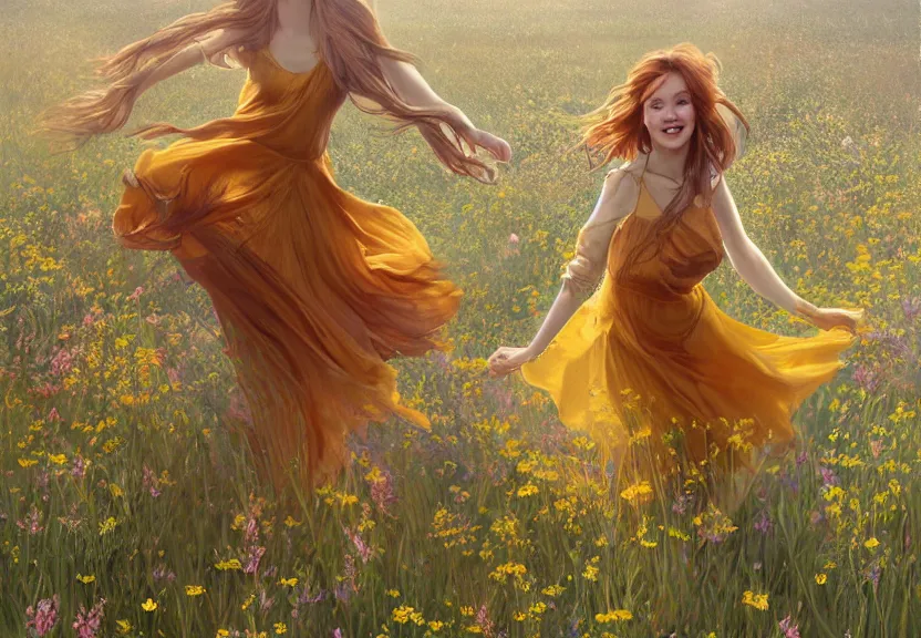 Image similar to a happy woman with copper hair and a flowing yellow sundress dancing in a field of wildflowers, with cute - fine - face, pretty face, realistic shaded perfect face, fine details by realistic shaded lighting poster by artstation, concept art, smooth, sharp focus, illustration, art by artgerm and greg rutkowski and alphonse mucha