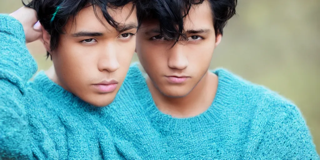 Image similar to Male, Male, Male, Male, Male, short hair, blue hair, dark skin, teal sweater, wavy hair, photograph, hd,