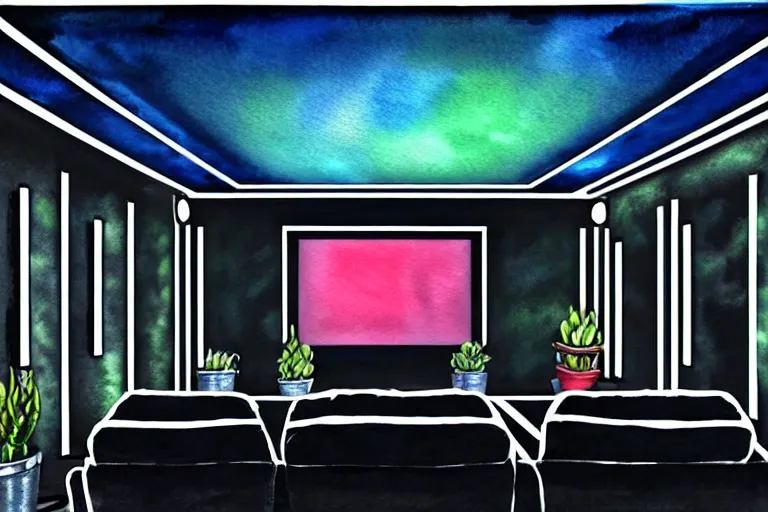 Image similar to very wide angle view, a modern home movie theater with giant projector screen!!, stylish wall sconces lights, detailed art deco decoration!!, plants, popcorn machine, rough watercolor painting, trending on artstation