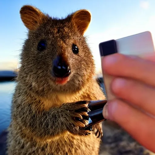 Image similar to happy quokka taking a selfie and smoking a big cannabis joint, golden hour, ultra realistic