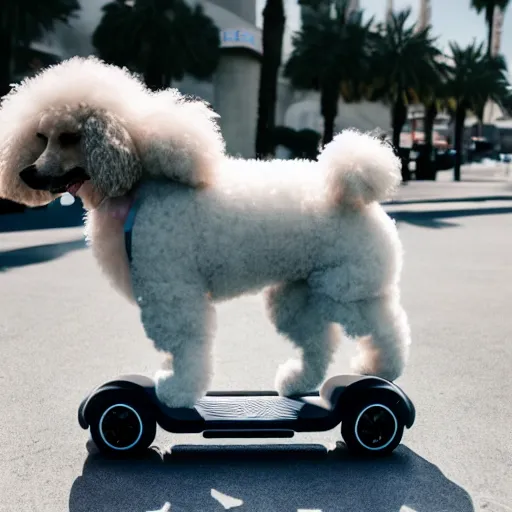 Image similar to fluffy poodle traveling on a hoverboard in las vegas, [ 4 k photorealism ]!!, trending on unsplash