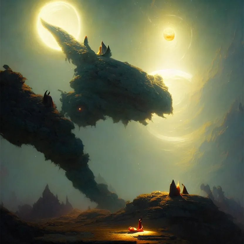 Prompt: giant shining crescent in a magic fluffy persian carpet dimension, by greg rutkowski and gaston bussiere, dim lighting, beautiful volumetric - lighting - style atmosphere, surreal atmosphere, intricate, detailed, photorealistic imagery, artstation