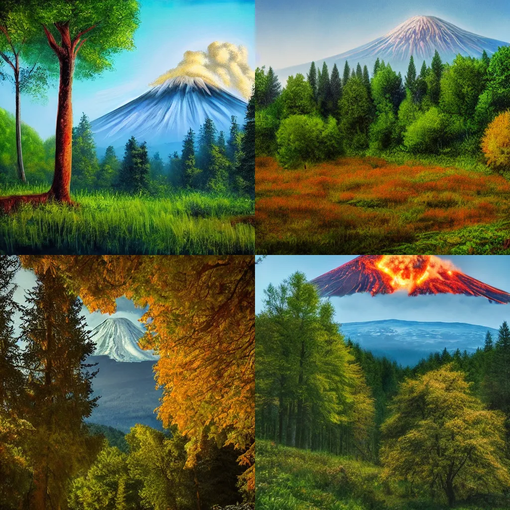 Prompt: Dreamy central European forest with a volcano in the background, by Bob Ross