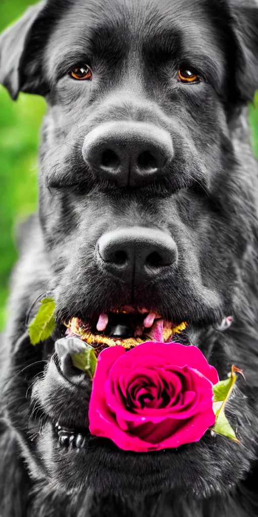 Image similar to black dog holding rose in his mouth, bright green eyes, studio lighting, 4 k, realistic, chromatic abberation, global illumination