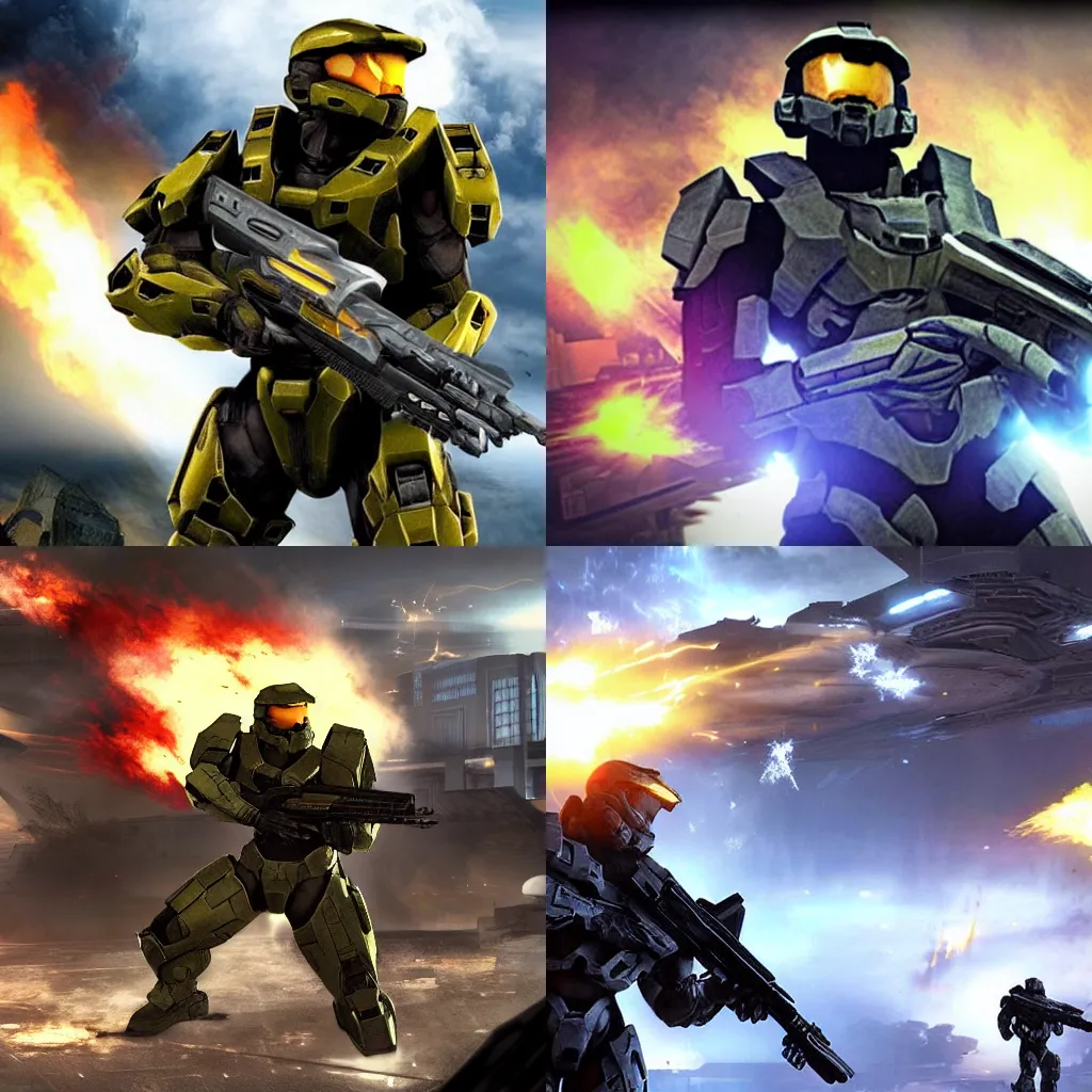 Prompt: halo reach huge firefight at a city