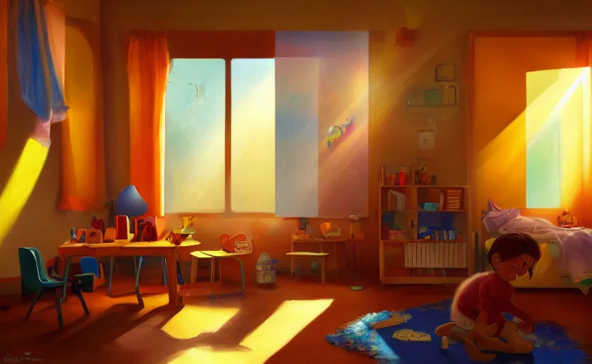 Prompt: happy morning and the rays of the morning sun shining through the window of kid's room in the village house clear sky, warm colors, coherent shadows, happy mood, oil painting, high detail, trending on artstation