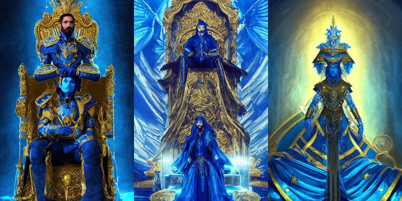 Prompt: Half-length portrait of the azur emperor sitting on its throne. Blue clothing, gold heavy armor. Dramatic, atmospheric lighting, shadows. High fantasy, digital art, HD, 4k, detailed, illustration.