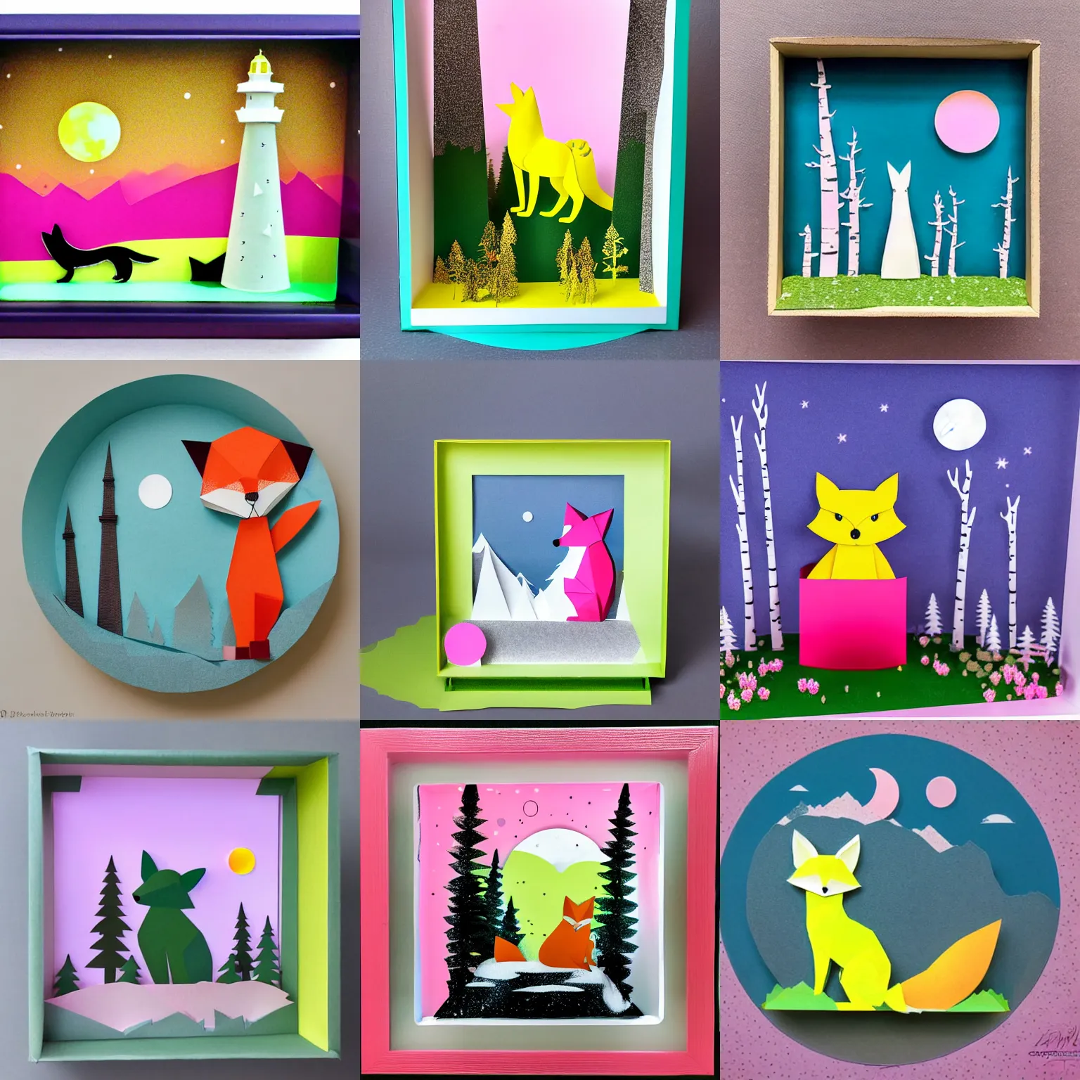 Prompt: cute chartreuse fox surrounded by pink birch trees, moon, distant lighthouse, 3d flat layered paper shadow box