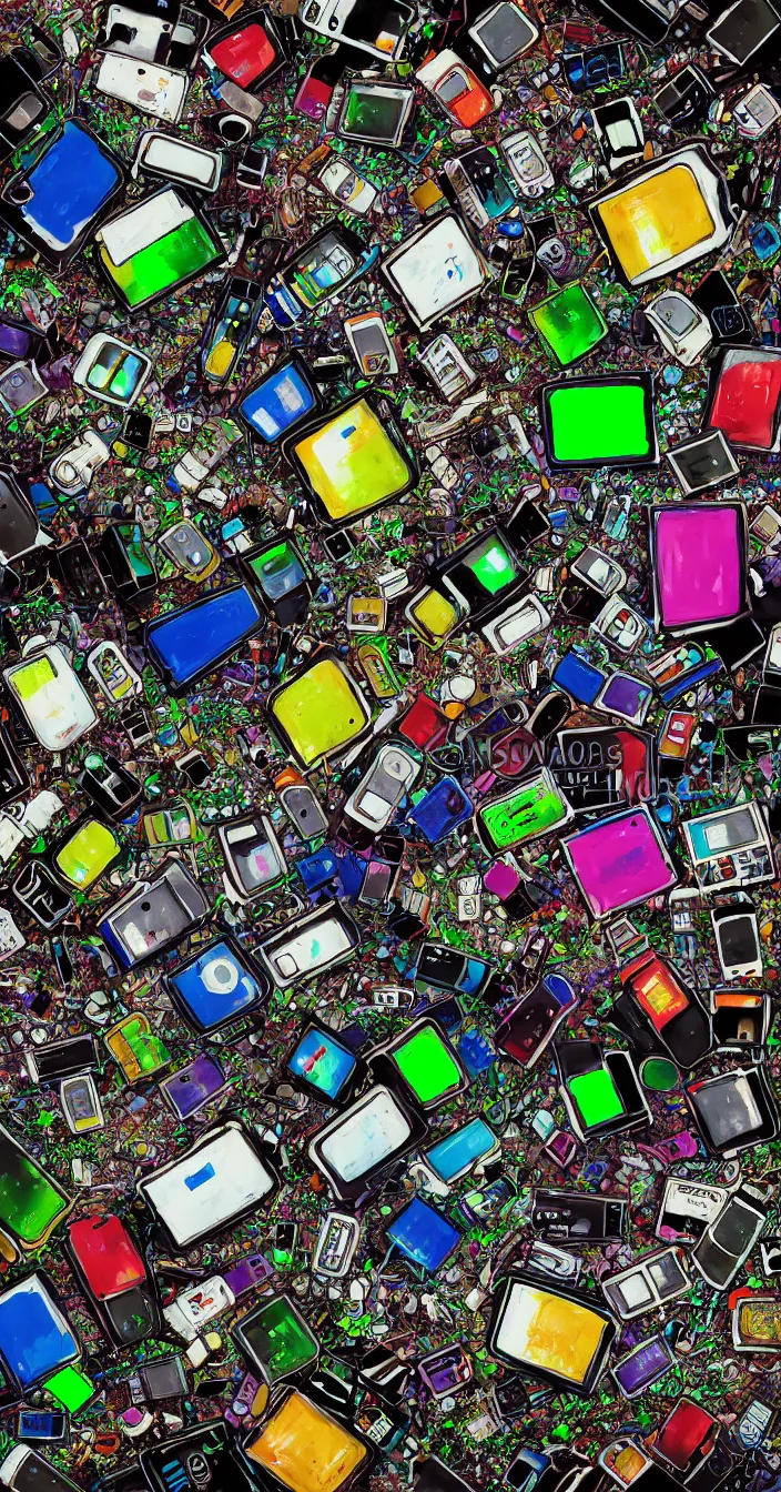 Prompt: realistic photo of problems of colorful electronic waste pollution in future, very sharp focus, very hyper realistic, in the style of greg rutsowski, highly detailed, fantasy art station