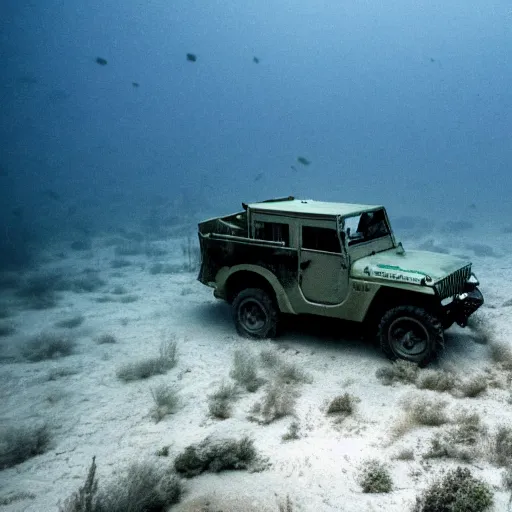 Prompt: eerie murky underwater photo of an upside - down military jeep sinking down. the jeep is inverted. bubbles. 4 k.