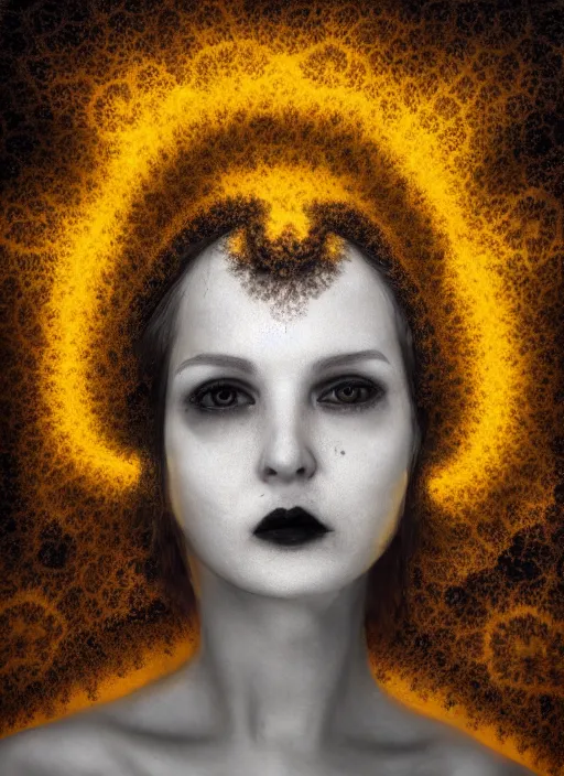 Image similar to dramatic yellow matte portrait painting of woman with black mandelbrot fractal instead of face, horror, body horror, dark art, 4 k, detailed, realistic, psychotic, insane, crazy, mental illness, dramatic,