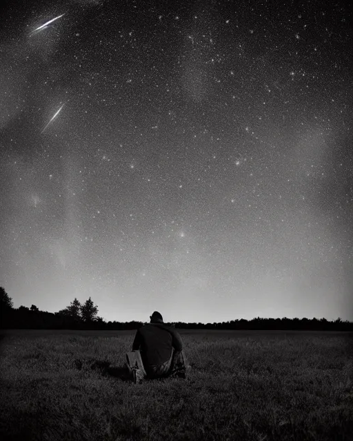 Prompt: man sitting in a huge field, star filled night sky, by gregory crewdson, wide angle, surreal, dark, emotive