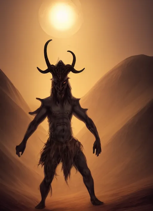 Prompt: terrific jinn demon in middle of desert with hoof on his feet and goat face with long cloth, horror, dark atmosphere, harsh lighting, cinematic lighting, scary, award wining art, artstation, high details, concept art, 4 k