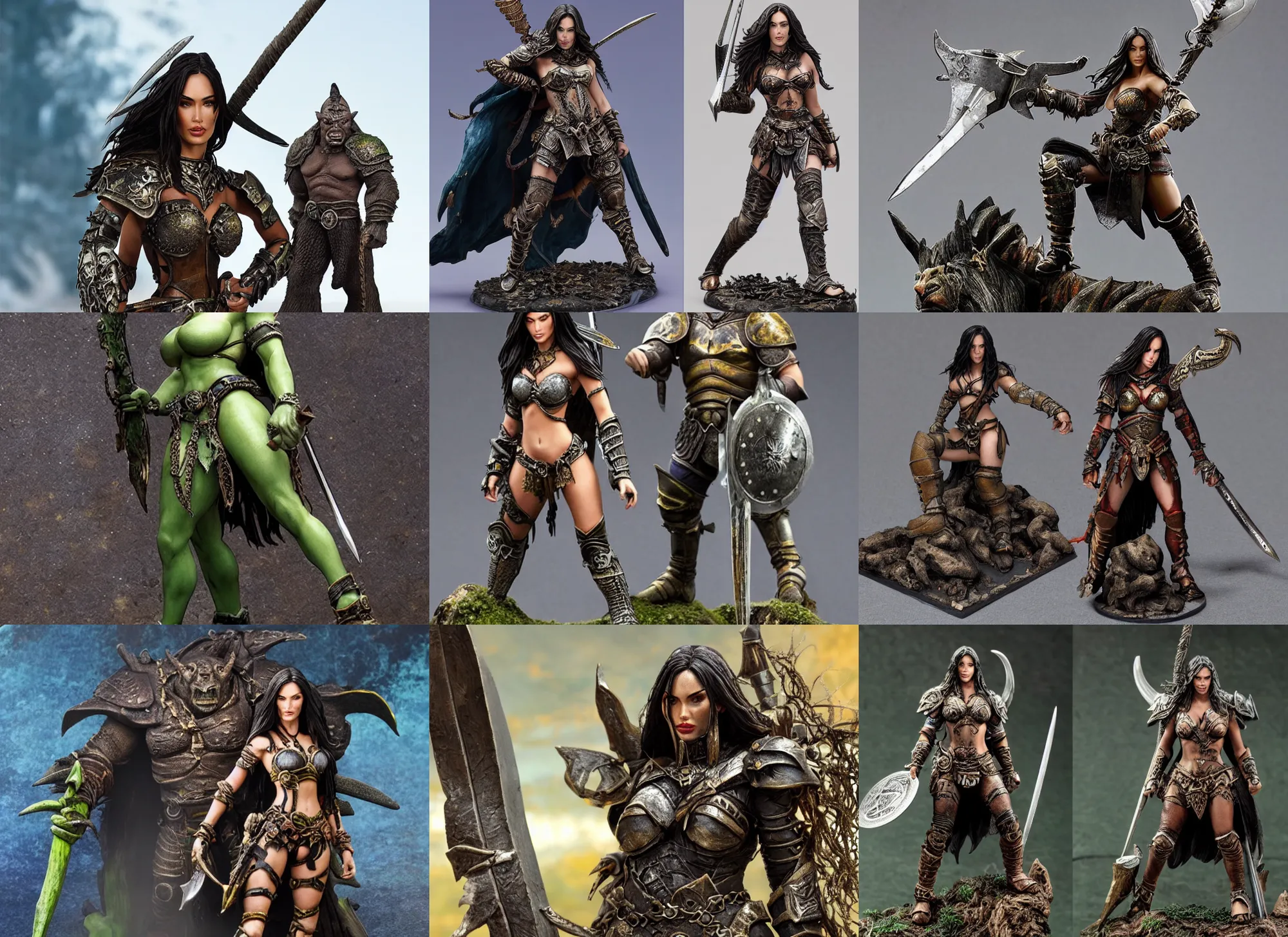 Prompt: Image on the store website, eBay, Full body, 80mm resin detailed miniature of Megan Fox in armor stand next to an orc warrior