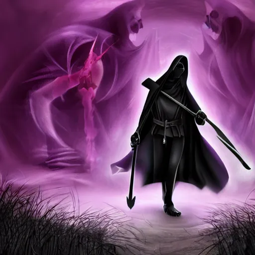 Image similar to grim reaper, purple cloak, full body, scythe