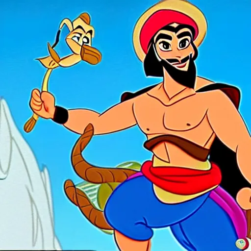 Image similar to Abu from Aladdin wearing an ammo bandolier. Style of 1990s Disney animation.