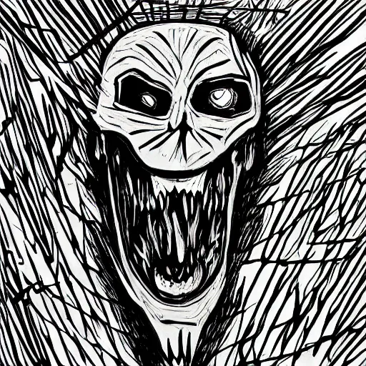 Prompt: line drawing of terrifying black ghost shadow shouting, interdimensional, maniac, paranoic, soul eater, assasin, stalking, lost sight, scaring, horror, nightmare, panic, aggresive strokes