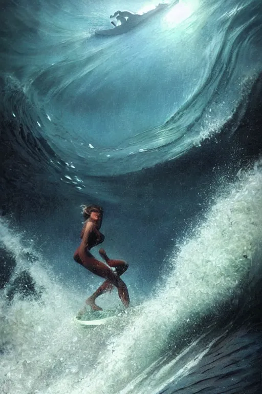 Prompt: movie poster, 2 0 0 mm, realistic photographed oil panting of a forbidden island, suicidegirls surfing beautiful waves, under the water are dead bodies and ghosts, supernatural colors, beautiful, dappled silver lighting, epic, atmospheric, highly detailed, horrific, 8 k, art by art by artgerm and greg rutkowski and edgar maxence