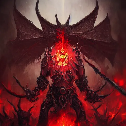 Image similar to daemon prince of khorne, artstation hall of fame gallery, editors choice, #1 digital painting of all time, most beautiful image ever created, emotionally evocative, greatest art ever made, lifetime achievement magnum opus masterpiece, the most amazing breathtaking image with the deepest message ever painted, a thing of beauty beyond imagination or words