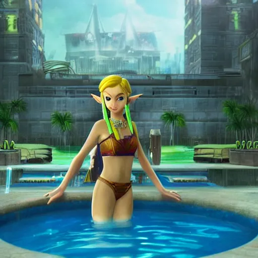 Image similar to zelda in the future city taking a bath in the swimming pool of a hotel