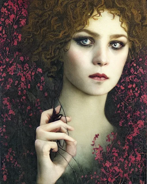 Prompt: a handsome but sinister and creepy man in layers of fear, with haunted eyes, violence in his eyes, curly hair, 1 9 7 0 s, seventies, delicate embellishments, a little blood, woodland, moonlight shining on wildflowers, painterly, crimson, offset printing technique, by alexandre cabanel