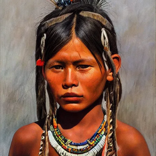 Prompt: high quality high detail painting by lucian freud, hd, portrait of a indigenous tribe girl, photorealistic lighting