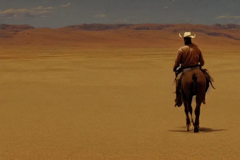 Image similar to a lone tired cowboy rides his horse in a vast desert valley, cinemascope, grand vista, greys and rust hues, fredrick remington, widescreen