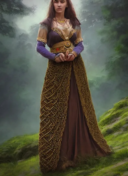 Prompt: photo of a gorgeous druid woman wearing a traditional celtic dress in the style of stefan kostic, realistic, sharp focus, 8 k high definition, insanely detailed, intricate, elegant, art by stanley lau and artgerm