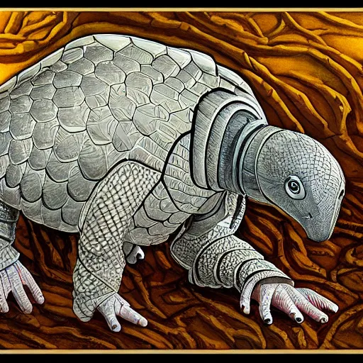 Image similar to a cybernetic pangolin. the pangolin is standing upright. the pangolin is covered in white and gold scales. high quality fantasy science fiction art. painted by larry elmore.