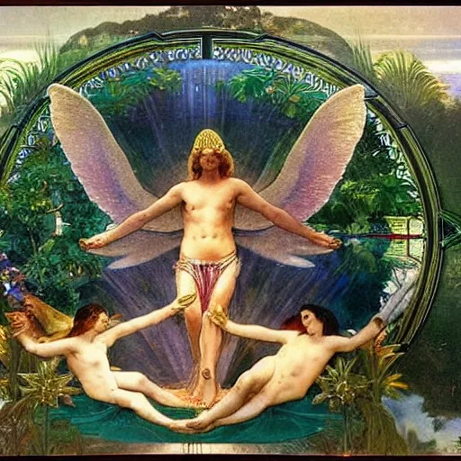 Prompt: The chalice of the angels, refracted sparkles, thunderstorm, greek pool, beach and Tropical vegetation on the background major arcana sky, by paul delaroche, alphonse mucha and arnold böcklin, hyperrealistic 8k, award-winning, very very very detailed