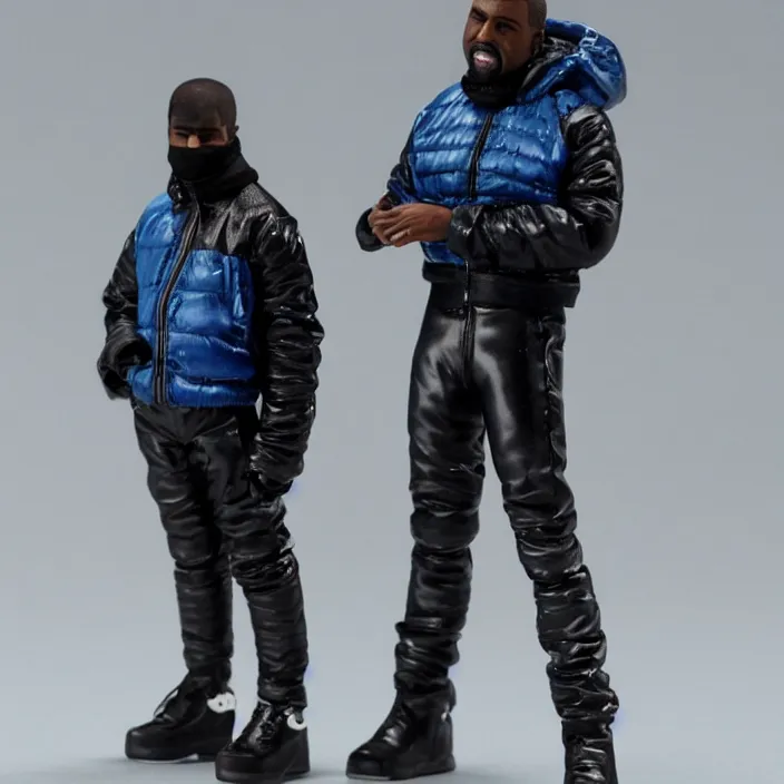 Image similar to a action figure of kanye west using a full face covering black mask, a small, tight, undersized reflective bright blue round puffer jacket made of nylon, dark jeans pants and big black balenciaga rubber boots, figurine, detailed product photo