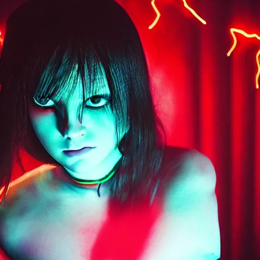 Image similar to dark anime nightmares, dark neon glow of the woman god devil, photo pic by todd macfarlane and giger