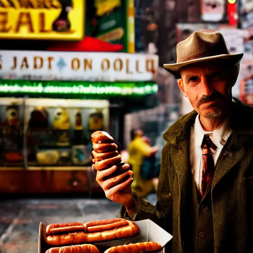 Prompt: closeup portrait of a shady snake oil salesman selling hotdogs in dimly lit new york back street, by Annie Leibovitz and Steve McCurry, natural light, detailed face, CANON Eos C300, ƒ1.8, 35mm, 8K, medium-format print