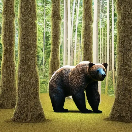 Prompt: Bear made out of old books a forest with impossibly tall trees. 8k resolution. Hyperrealistic.