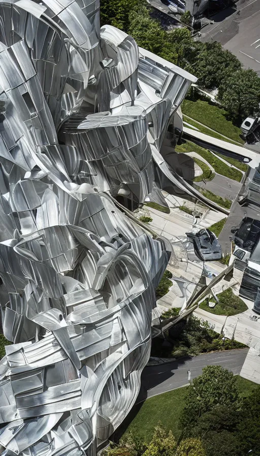 Prompt: hasselblad photograph of a frank gehry designed storm barriers. dappled lighting, very beautiful!! aerial shot