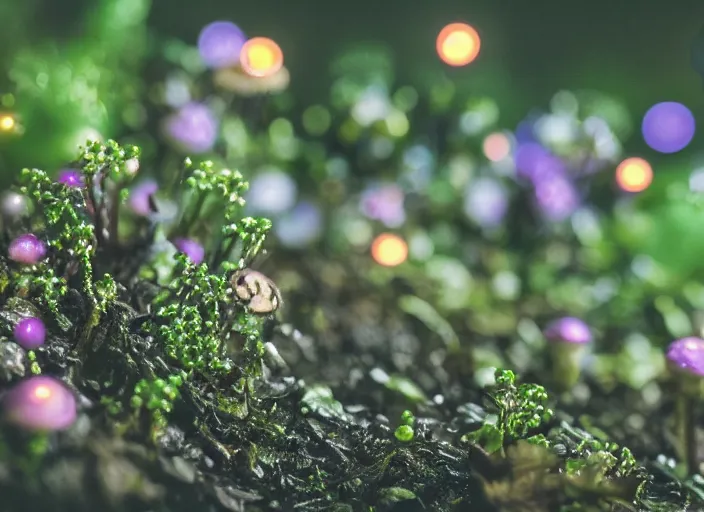 Image similar to a fantasy forest on an alien planet with delicate flowers and mushrooms that glow in the dusk, macro close up, f32, bokeh,