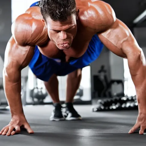 Prompt: a portrait of a huge muscular man in the gym doing push - ups while giga chad is cheering him up photo - realistic 4 k