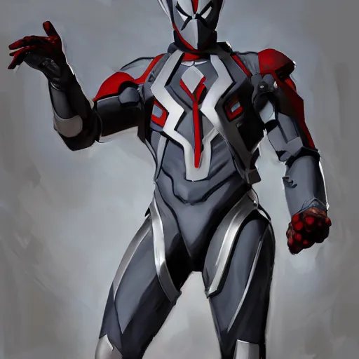 Image similar to greg manchess portrait painting of armored spiderman ultraman grey fox from metal gear cyborg japanese - american hybrid as overwatch character, medium shot, asymmetrical, profile picture, organic painting, sunny day, matte painting, bold shapes, hard edges, street art, trending on artstation, by huang guangjian and ail elvgren and sachin teng