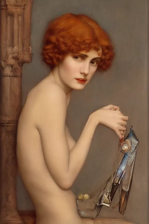 Prompt: Pre-Raphaelite portrait of a young beautiful woman with blond short-hair and grey eyes who works as an architect artwork by Edward Robert Hughes, Henry Justice Ford, Rolf Armstrong, Monia Merlo