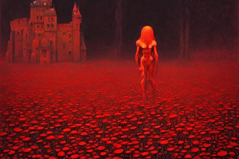 Prompt: only with red, red creepy eyes, a red tiger, a castle in the background, medieval demons dance over the flowers, an ancient path, in the style of beksinski, part by hopper, part by rodcenko, part by hofbauer, intricate composition, red by caravaggio, insanely quality, highly detailed, masterpiece, red light, artstation