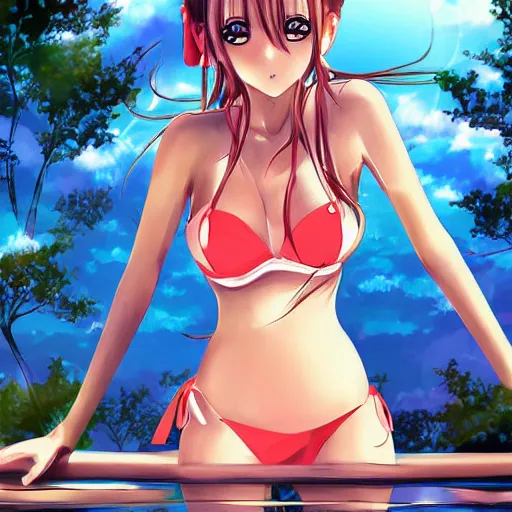 Prompt: pretty anime girl in bikini illustration by sakimichan