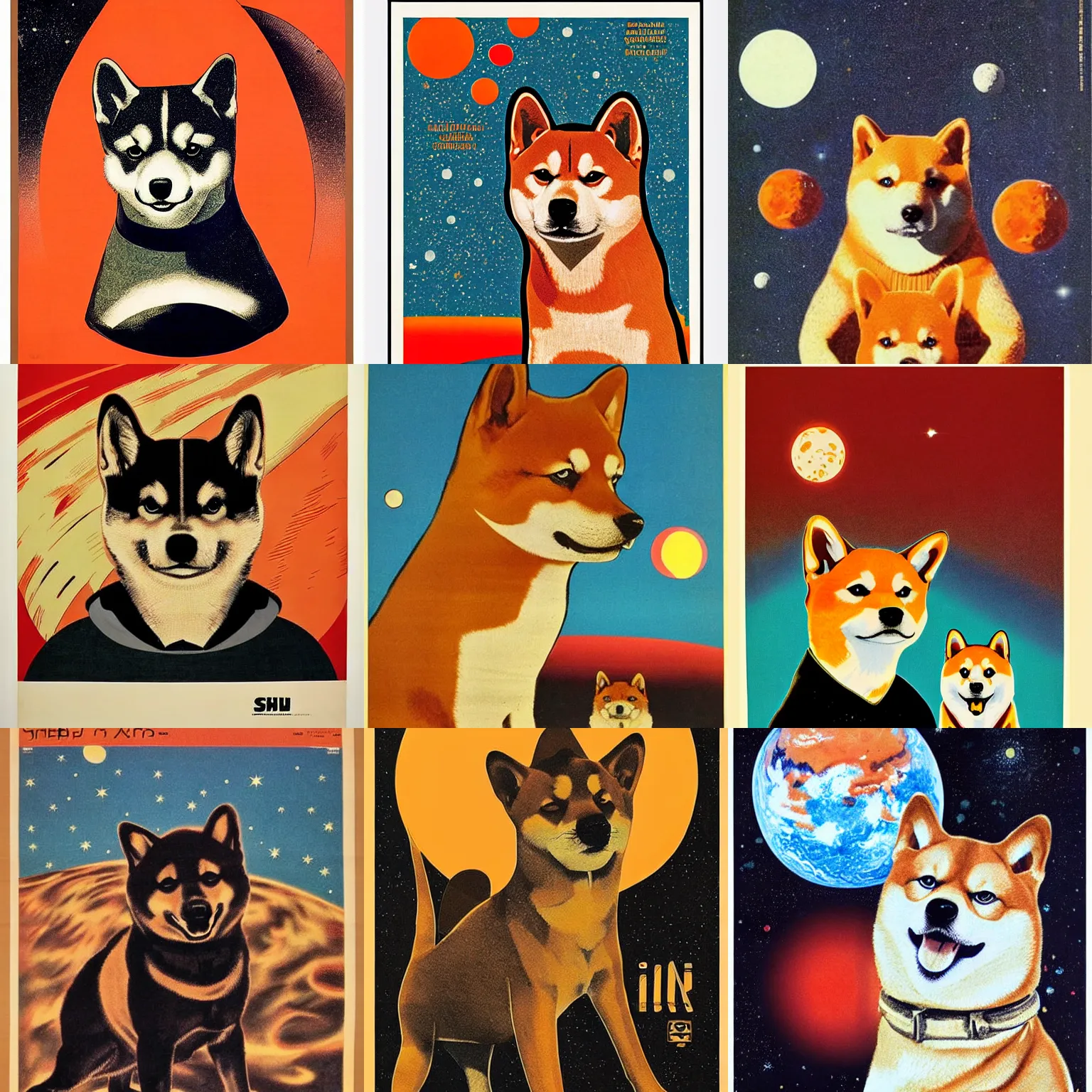 Image similar to Shiba Inu portrait, planet mars, 60s poster, 1972 Soviet