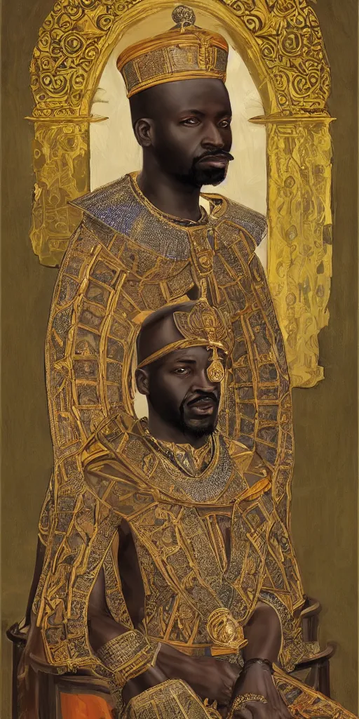 Prompt: a stunning and noble highly detailed romantic period style portrait of Mansa Musa by Josep Tapiró Baró, trending on artstation, oil painting masterpiece, symmetry, African iconography