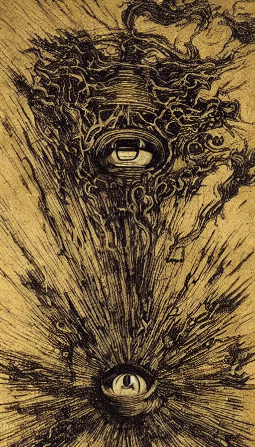 Image similar to a storm vortex made of many demonic eyes and teeth, by leonardo da vinci