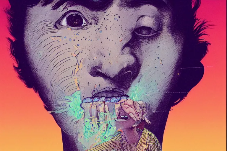 Image similar to a scifi closeup portrait of a young british man licking a blotter paper of LSD acid on his tongue and dreaming psychedelic hallucinations in cosmos, by kawase hasui, moebius, Edward Hopper and James Gilleard, Zdzislaw Beksinski, Steven Outram colorful flat surreal design, hd, 8k, artstation