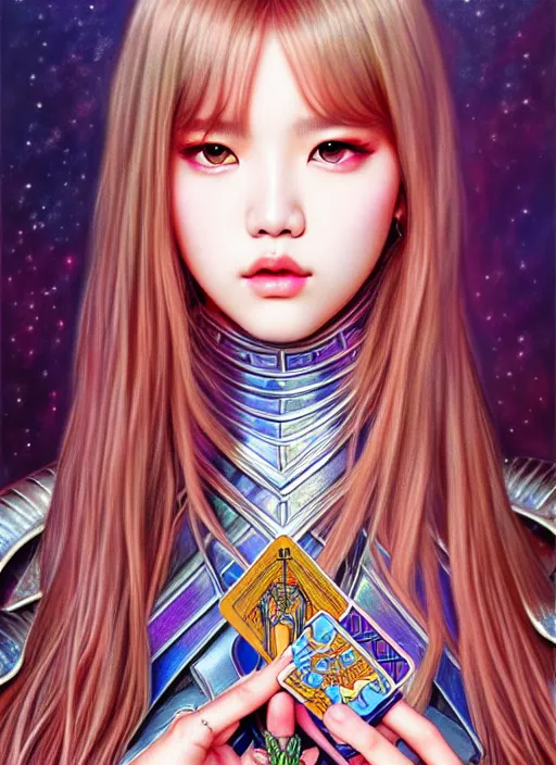 Image similar to lalisa manoban of blackpink, knight armor, tarot card, highly detailed, digital painting, smooth, sharp focus, illustration, ultra realistic, 8 k, art by artgerm and alphonse mucha