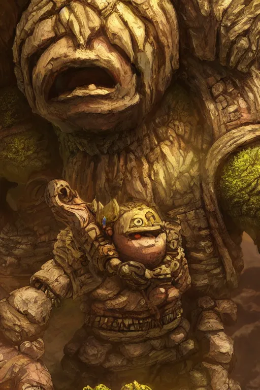 Image similar to zelda fantasy art giant golem troll wood rock greeble gemstone, global illumination ray tracing hdr fanart arstation by sung choi and eric pfeiffer and gabriel garza and casper konefal