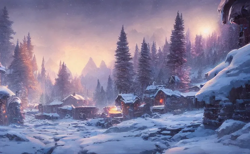 Prompt: snowy northern frontier town, tall pine forest and moutains, fantasy art, Jordan Grimmer, Noah Bradley