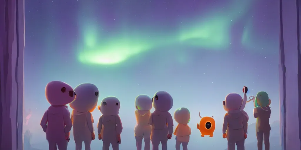 Image similar to cute monsters viewing an art gallery exhibit and Aurora borealis by Goro Fujita and Simon Stalenhag , 8k, trending on artstation, hyper detailed, cinematic